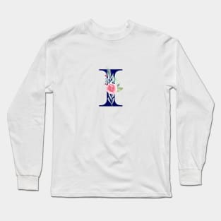 Watercolor Floral Letter I in Navy Long Sleeve T-Shirt